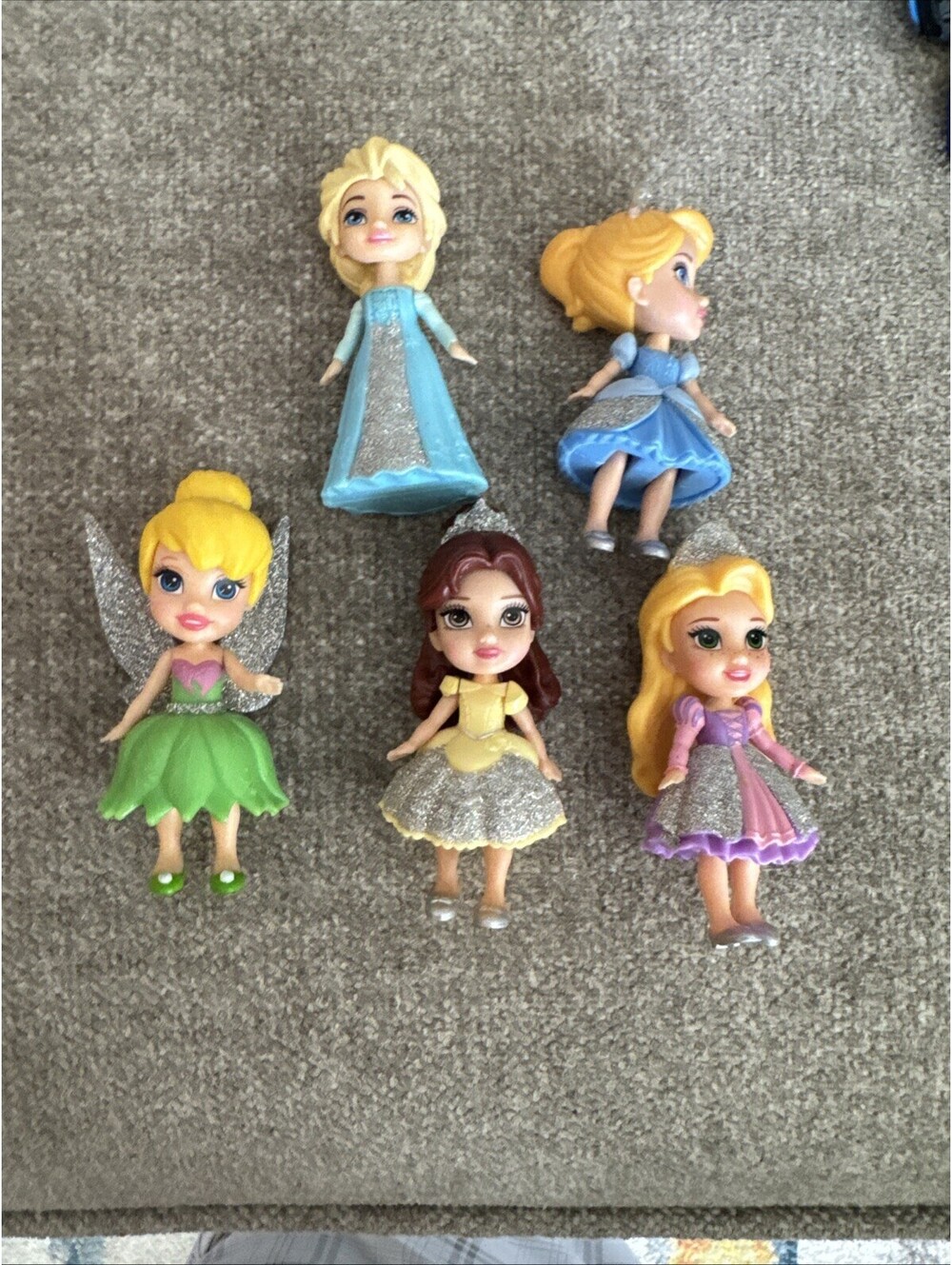 Disney Tinker Bell Mini  Doll 3.5” Silver Glitter Wings Fairy Figure Plus 4 Lot